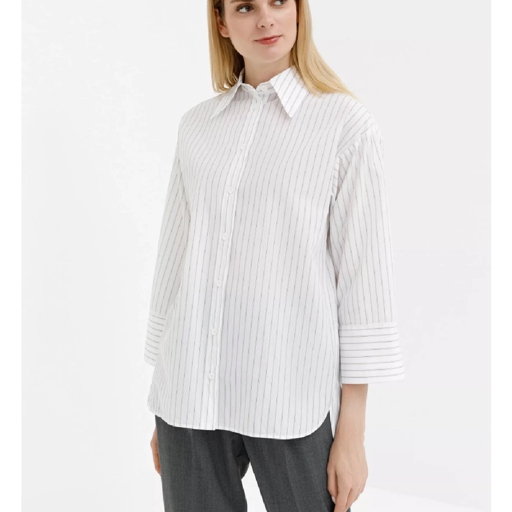 Peserico Striped Longline Cotton Button-Up Shirt Blouse IT 42